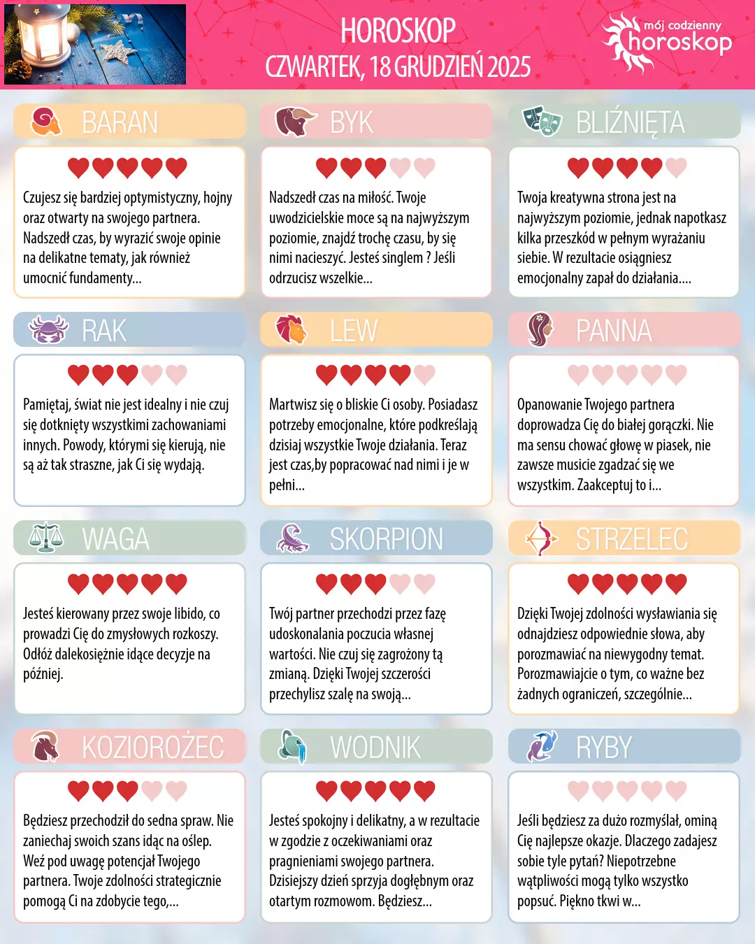 Oroscopo di czwartek, 18 grudnia 2025