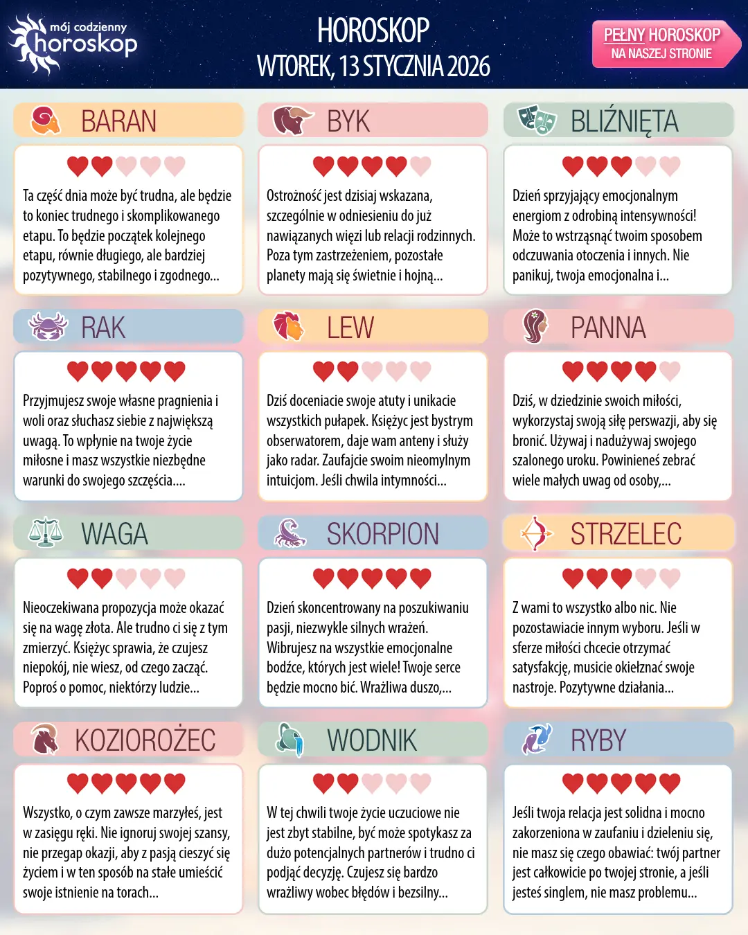 Oroscopo di wtorek, 13 stycznia 2026