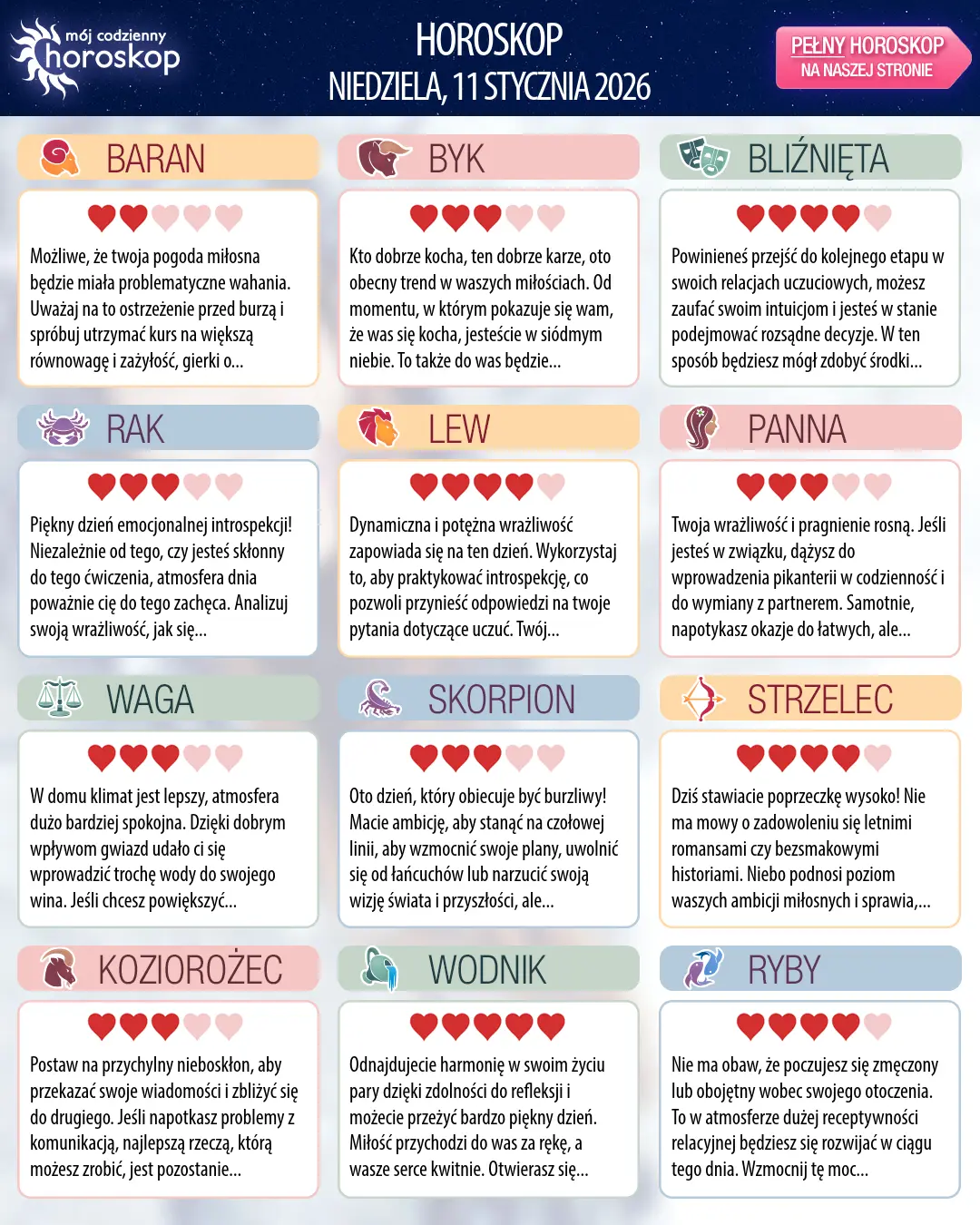 Oroscopo di niedziela, 11 stycznia 2026