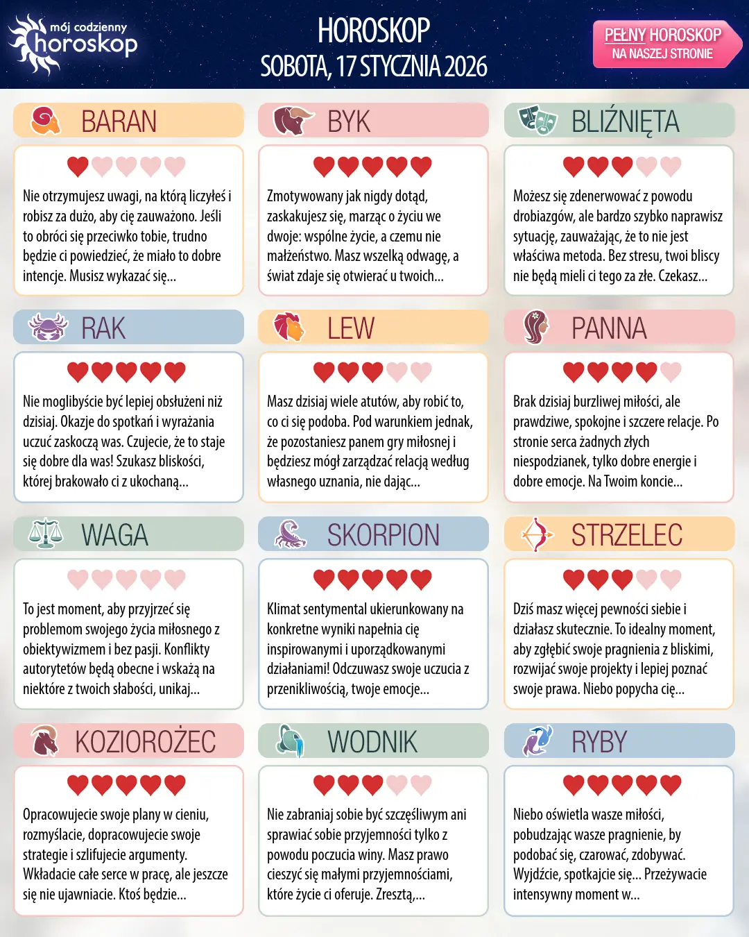 Oroscopo di sobota, 17 stycznia 2026