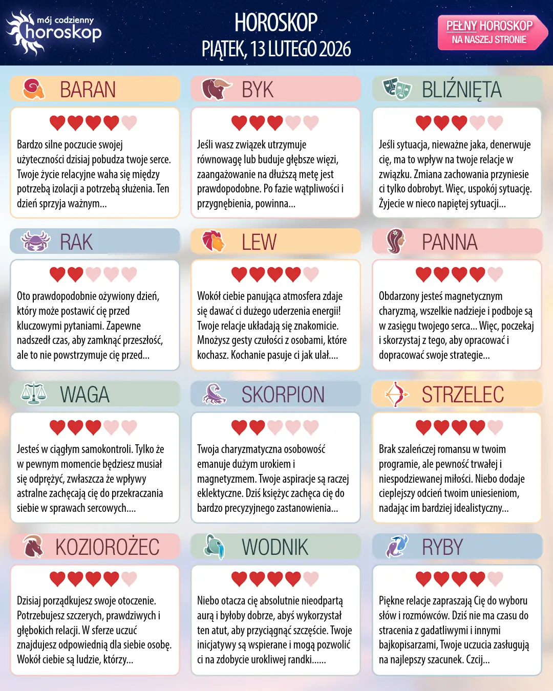 Oroscopo di piątek, 13 lutego 2026