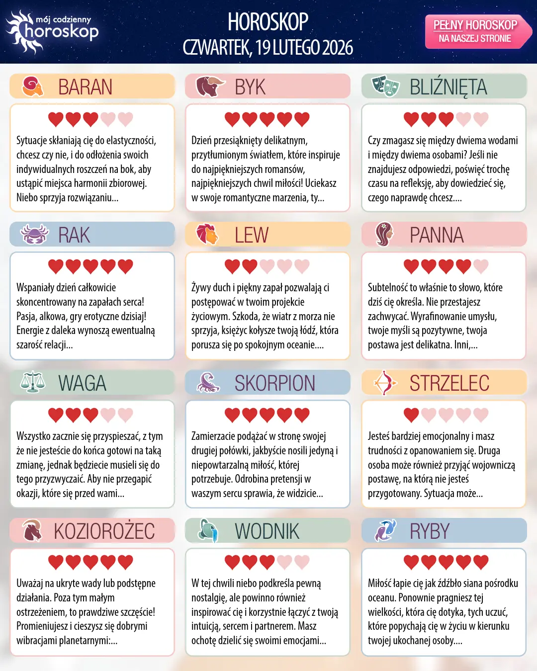 Oroscopo di czwartek, 19 lutego 2026