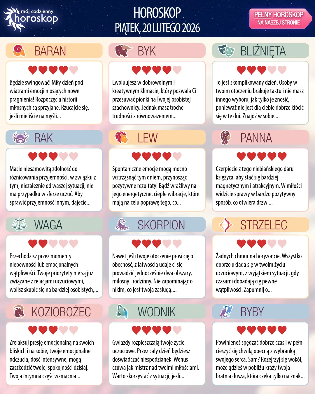 Oroscopo di piątek, 20 lutego 2026