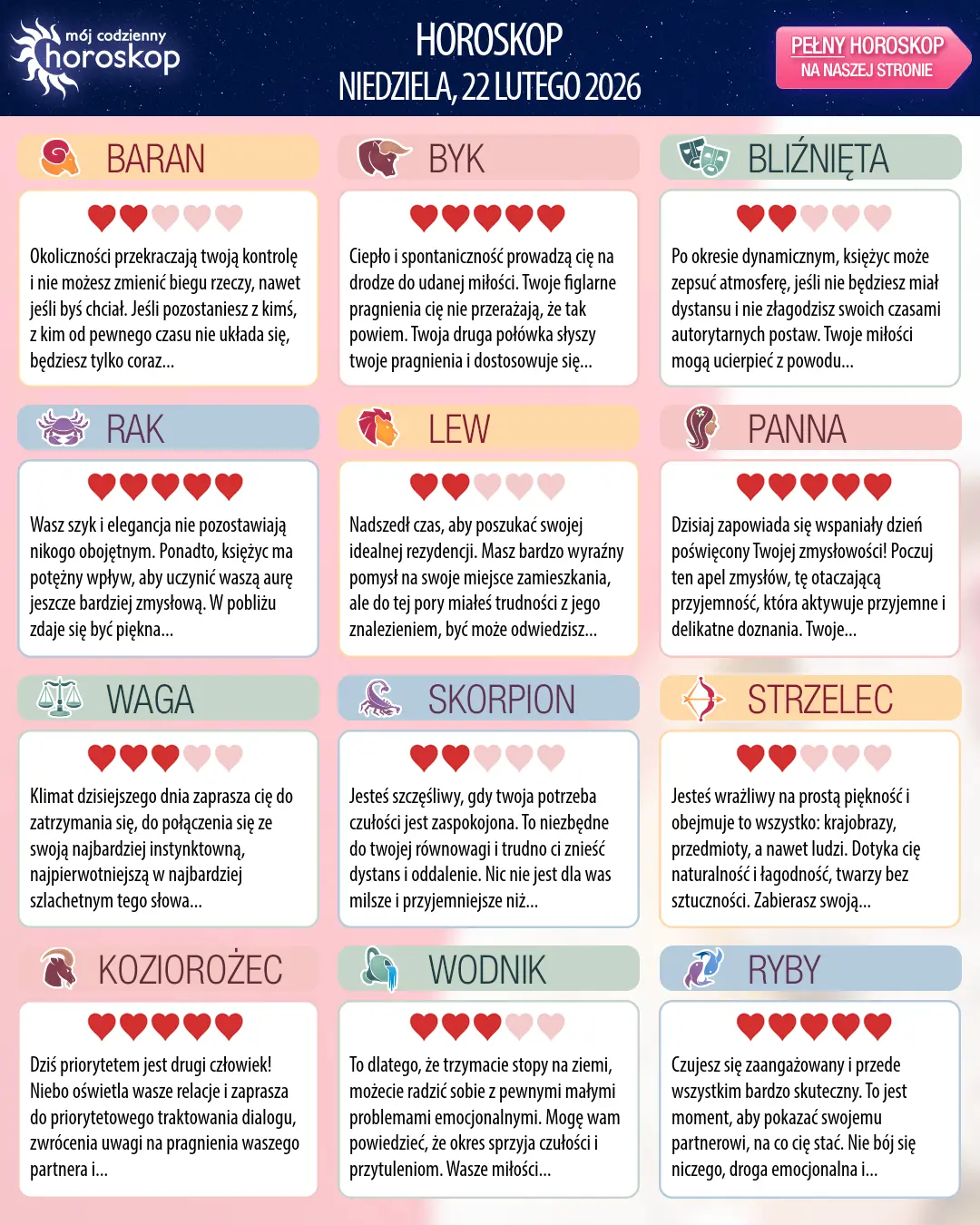 Oroscopo di niedziela, 22 lutego 2026
