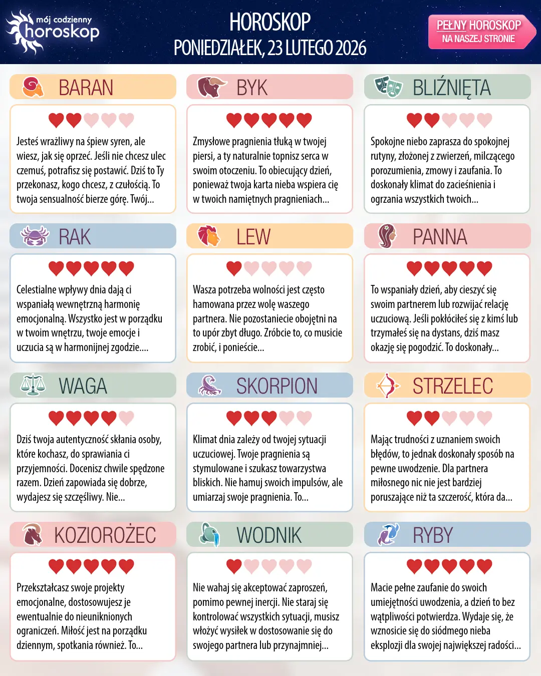 Oroscopo di poniedziałek, 23 lutego 2026
