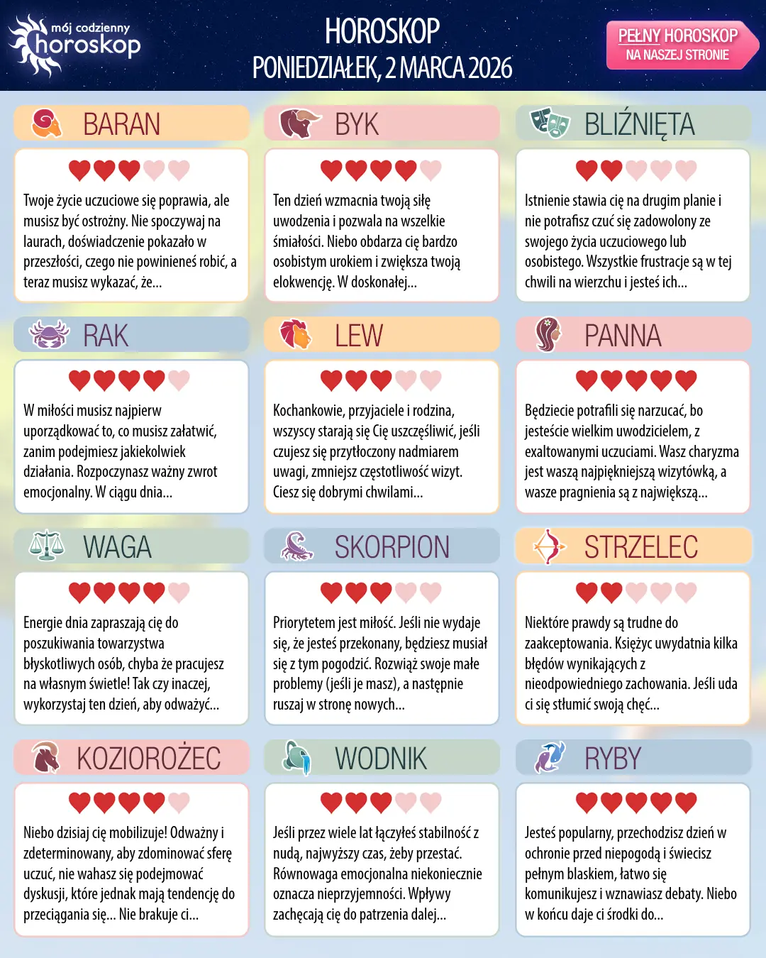Oroscopo di poniedziałek, 2 marca 2026