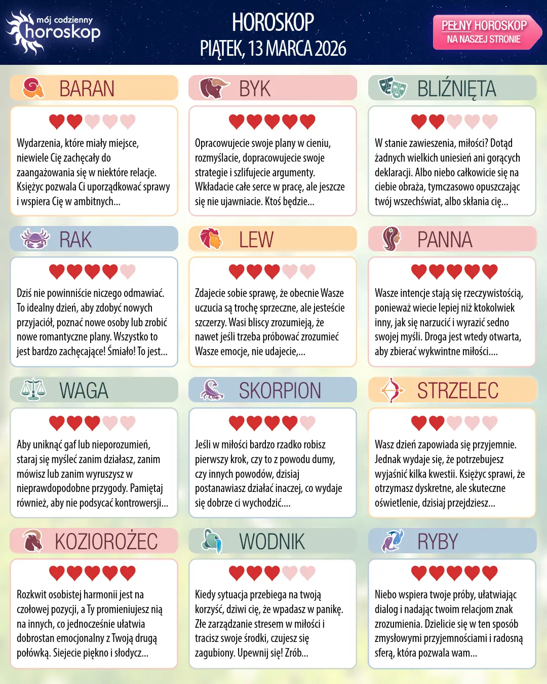 Oroscopo di piątek, 13 marca 2026