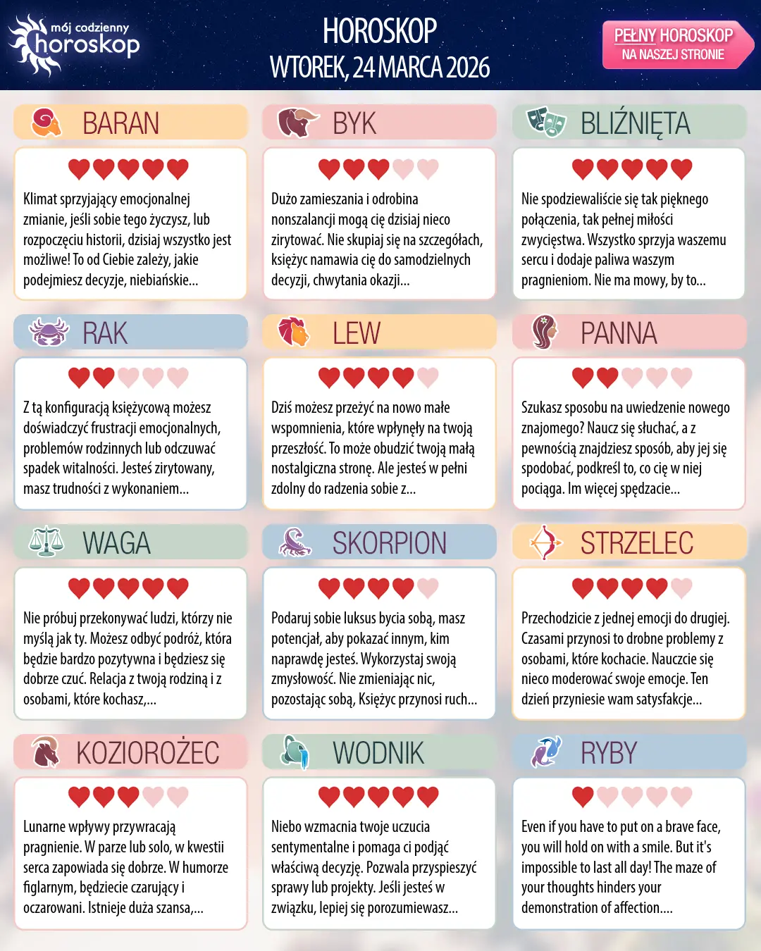 Oroscopo di wtorek, 24 marca 2026