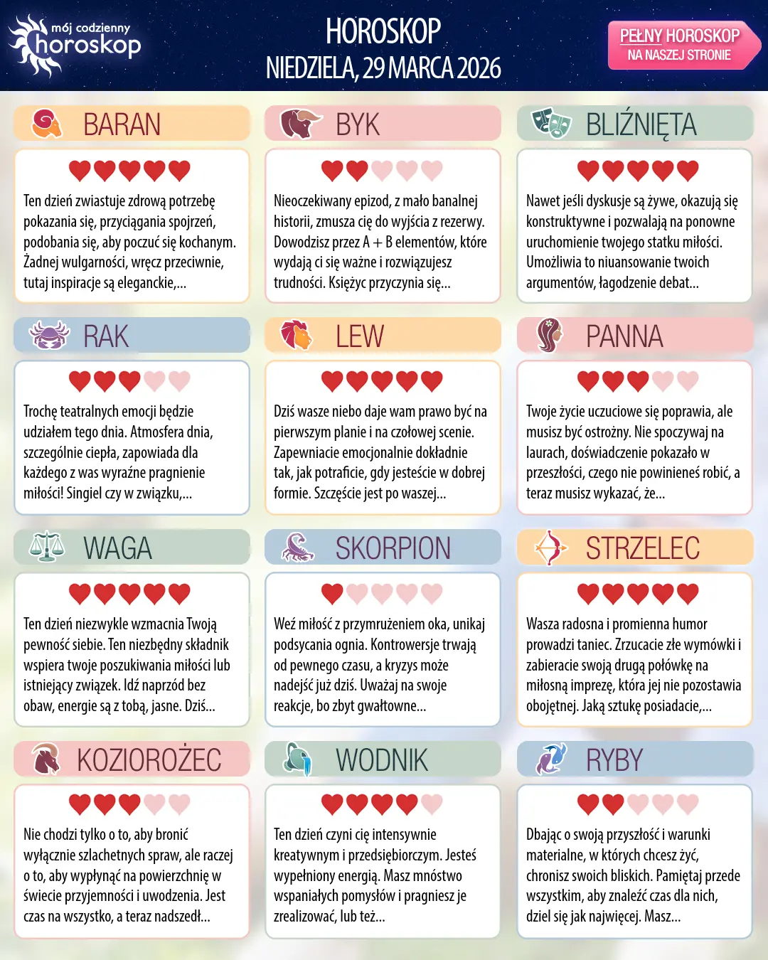 Oroscopo di niedziela, 29 marca 2026