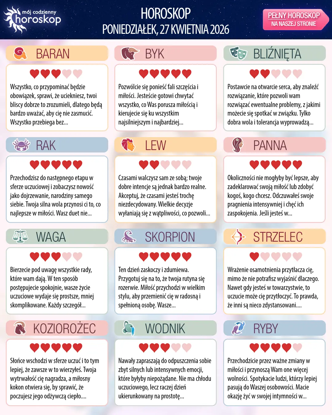 Oroscopo di poniedziałek, 27 kwietnia 2026