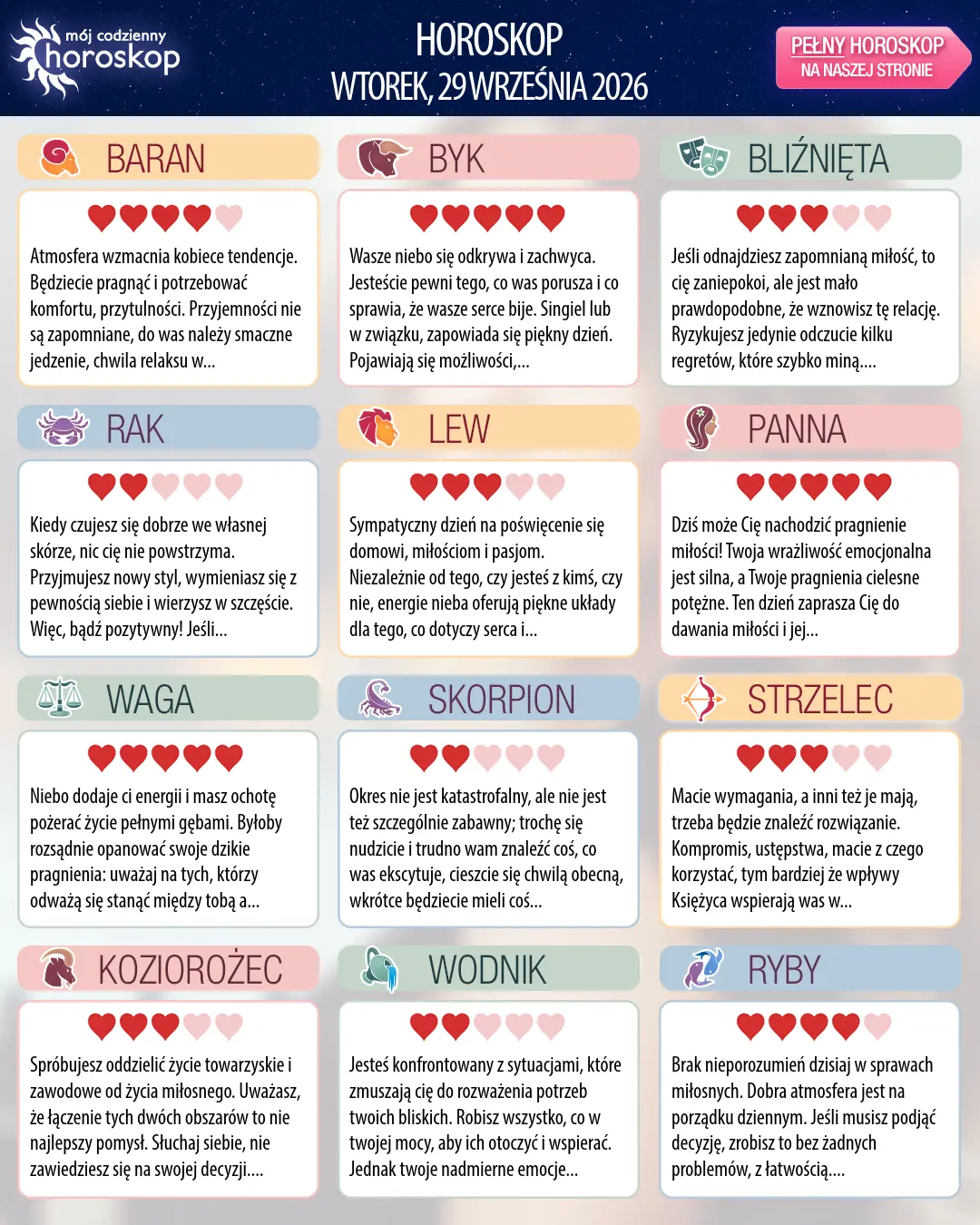 Horoskop na wtorek, 29 września 2026 r.