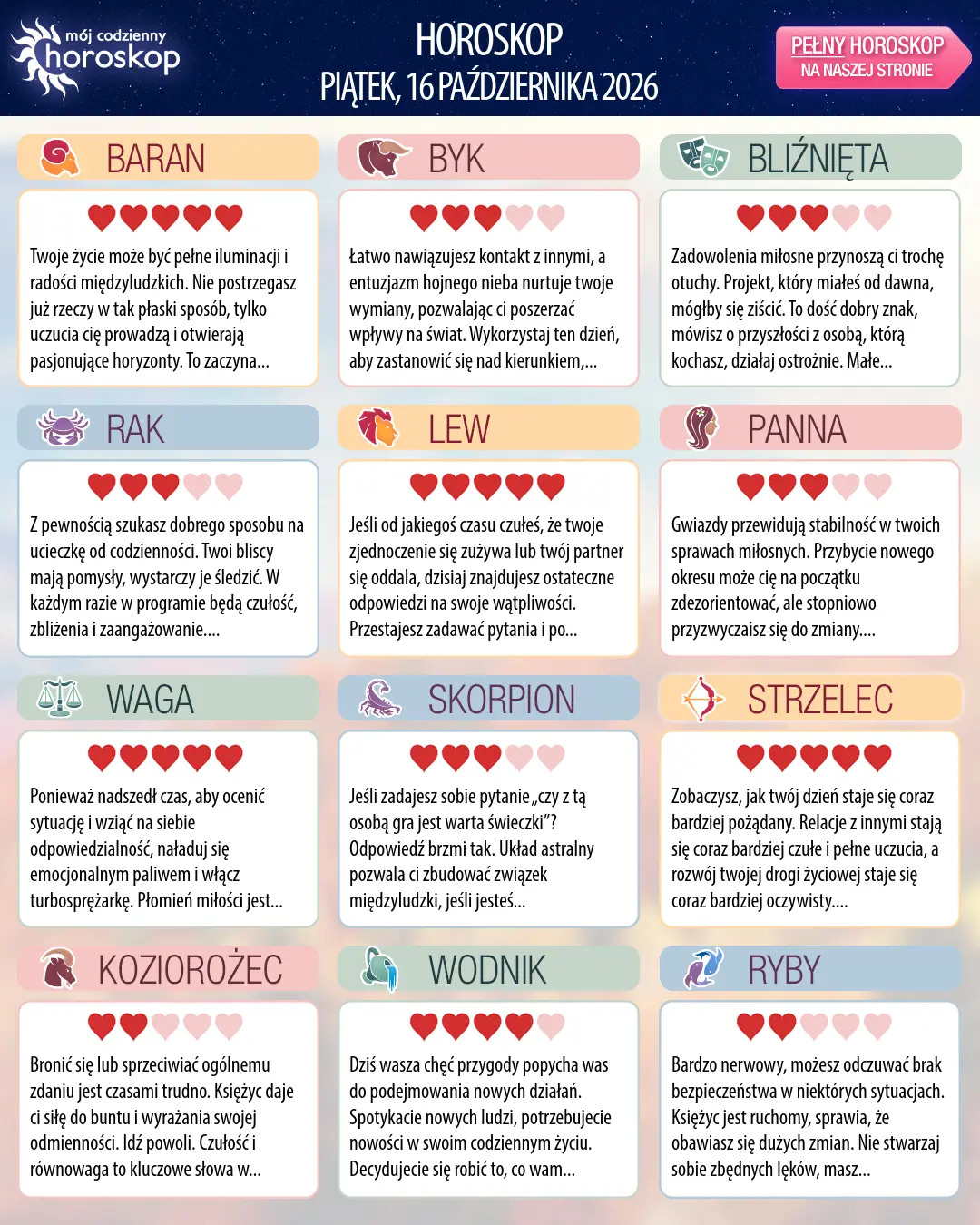 Horoskop na piątek, 16 października 2026 r.